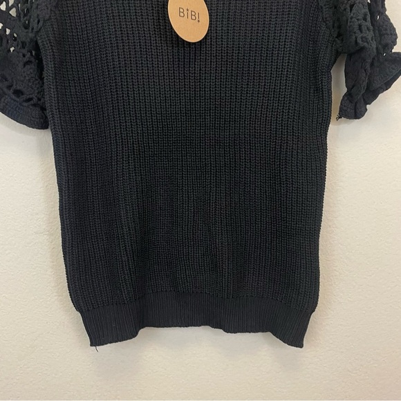 NWT BiBi Black Crochet Sleeves Cotton Blend Crewneck Ribbed Sweater Size XL - Picture 5 of 7